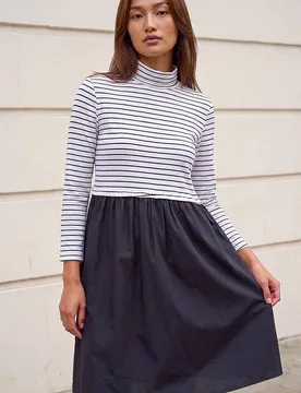Women's Stripe Print High Neck Smock Dress in Black Size: 18 - Black - Size: 18 - Roman - FashionsVida