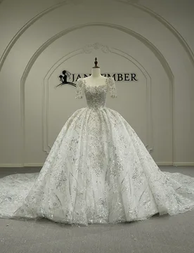 Customized Luxurious Sexy Big Skirt Wedding Dress With Square Collar Long Sleeved Sequins Bead Chapel Train Vestidos De Novia - Aliexpress - FashionsVida