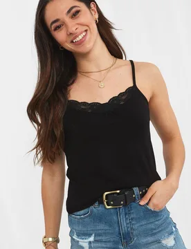 Women's Basic Adjustable Strap Lace Insert Cami Top in Black Size: 8 - Black - Size: 8 - Joe browns - FashionsVida