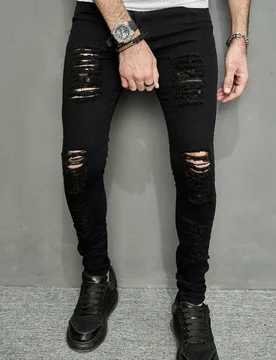 Jeans negros de hombre de corte slim con rasgaduras y deshilachados de algodón, ideal como regalo para el esposo o el novio - Shein - FashionsVida