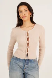 Women's Ribbed Long Sleeve Button Down Cardigan Sweater in Stone Size: XS - Stone - Size: XS