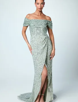 Women's Sequin Bardot Maxi Bridesmaid Dress in Sage Size: 12 - Sage - Size: 12 - Coast - FashionsVida