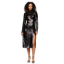 Vestito Midi A Maniche Lunghe Chevron Black Deco Sequin XS
