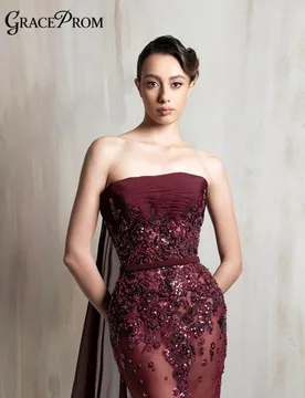 Elegant Burgundy Strapless Evening Dress 2026 Sparkling Beading Sequins Party Dress Cape Sleeve Mermaid Formal Gown For Women - Aliexpress - FashionsVida