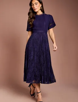Women's Pleated Lace Midi Dress in Navy Size: 8 - Navy - Size: 8 - Coast - FashionsVida