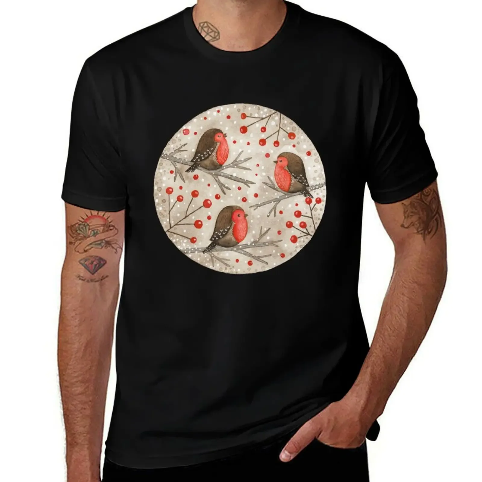 Robins and red berries T-Shirt Basic Simple Casual Short Sleeve Tee - Aliexpress - FashionsVida