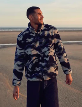 Hennie Mens Printed Borg Jacket - Blue - Animal - FashionsVida