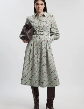 Petite Chain Print Cotton Sateen Belt Detail Woven Shirt Dress - Multicolor - Size: 6 - Karen millen - FashionsVida