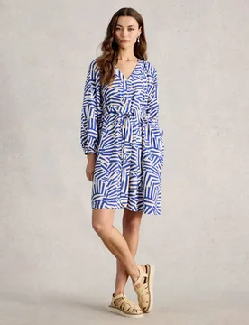 Linen Blend Geometric Mini Shirt Dress Blue Mix female - White stuff - FashionsVida
