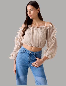 Blusa in Chiffon con Volant e Scollo Off-Shoulder