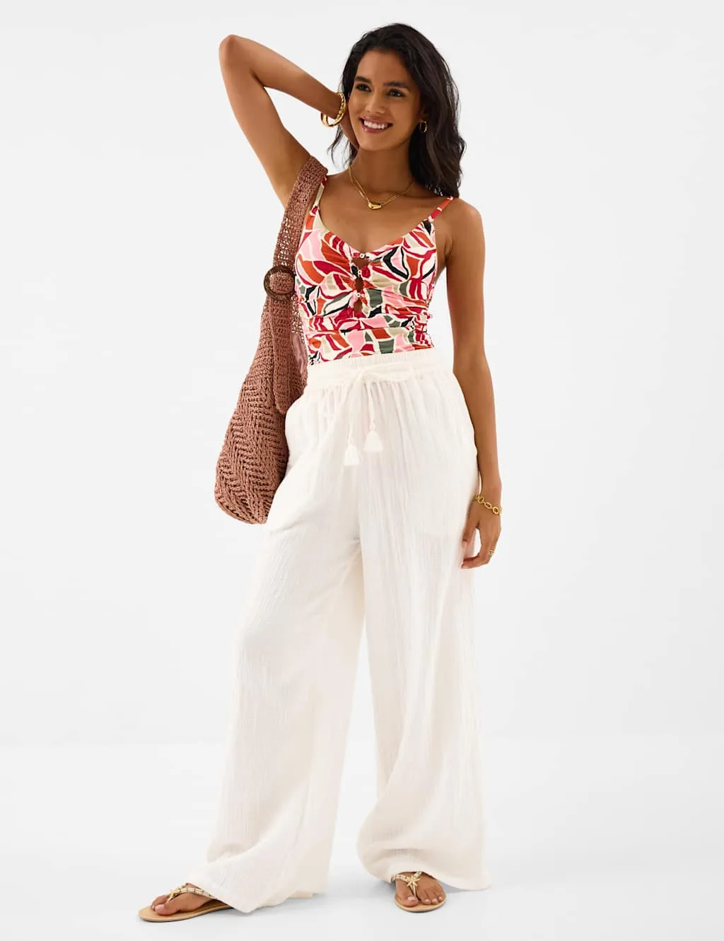 Printed Padded Beaded Scoop Neck Swimsuit Multi female - Accessorize - FashionsVida