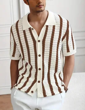 Summer Hollow Vertical Striped Lapel Sweater Knitted Sweater Short Sleeve T-Shirt Men's POLO Shirt - Aliexpress - FashionsVida