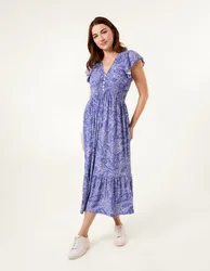 Frill Sleeve V Neck Button Front Midi Dress - M/L / BLUE - female