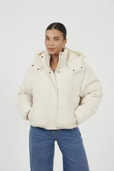Oversized Hooded Short Puffer Jacket - Cream - Size: 16