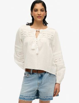 Superdry Damen Ibiza Spitzenbluse White - Größe: 44
