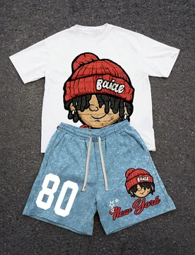 Conjunto de camiseta de manga corta y pantalones cortos con estampado de dibujos animados para hombres - Shein - FashionsVida