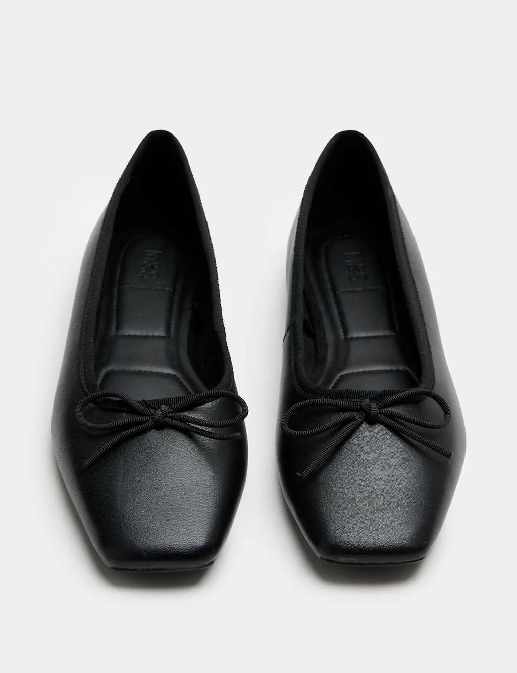 Leather Bow Square Toe Flat Ballet Pumps Black female - M&S - FashionsVida