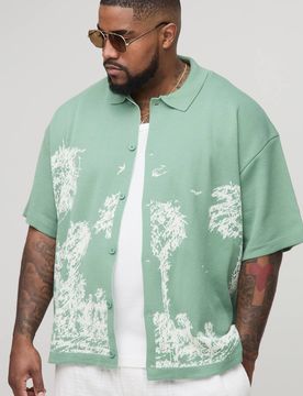 Herren Plus Relaxed Palmen-Print Jacquard Strickshirt Sage Größe 2XL