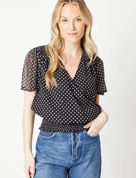 Women's Spot Chiffon Shirred Hem Wrap Blouse in Black Size: 8 - Black - Size: 8 - Dorothy perkins - FashionsVida
