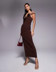 Womens Contrast Bandeau With Corsage Midaxi Dress In Chocolate In Scuba-Style Fabric - Brown