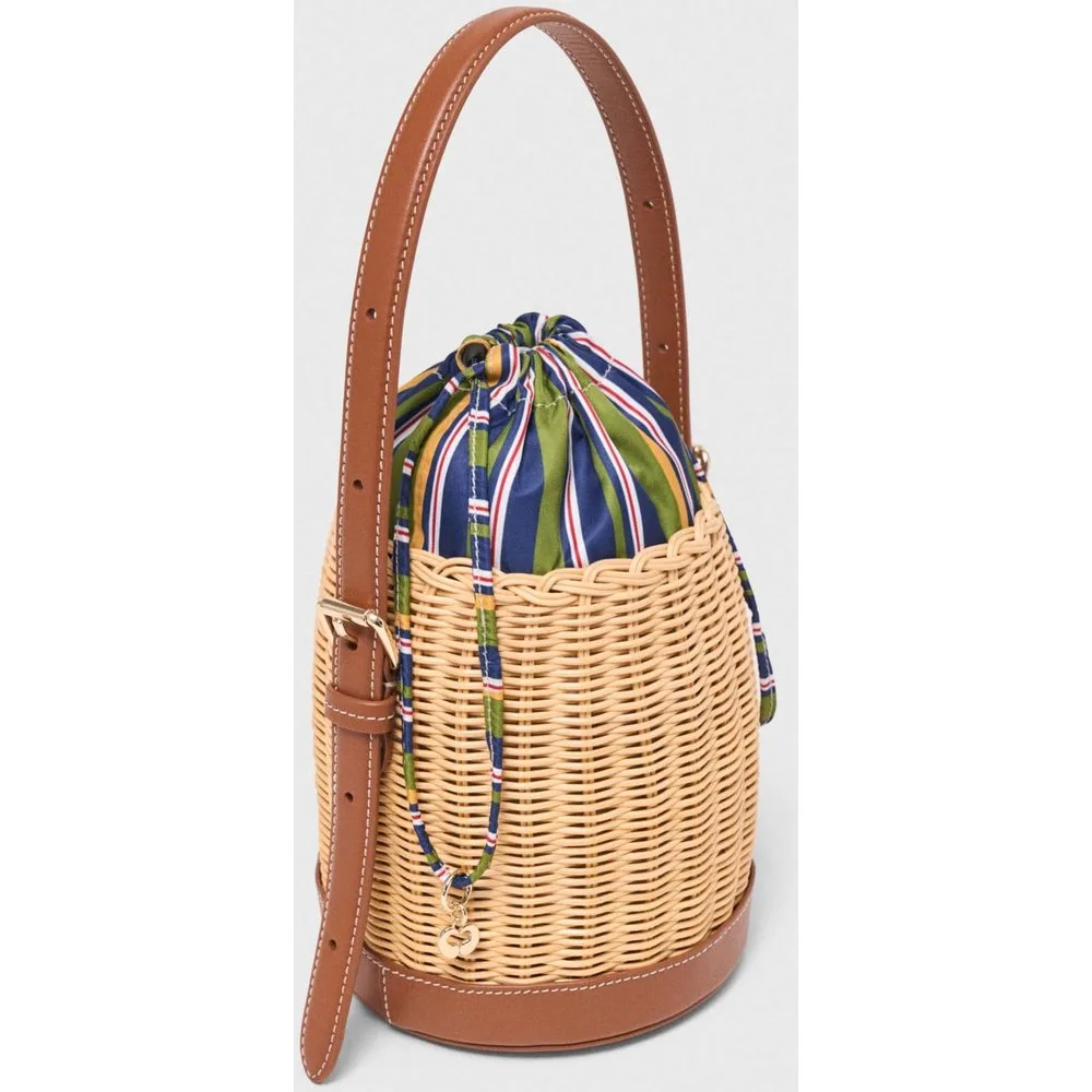 Bolso bombonera de mimbre y piel con saquito estampado - Maje - FashionsVida