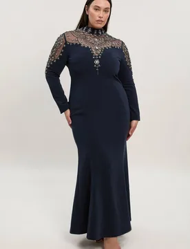 Women's Plus Size Premium Crystal Embellished Woven Maxi Dress in Midnight Size: 22 - Midnight - Size: 22 - Karen millen - FashionsVida
