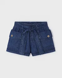 Short blu denim in cotone con tasconi e fusciacca