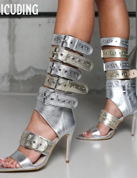 Silver Gold Cut out Buckle Sandal Boots Stilettos High Heeled Buckle Strap Summer Boots Sexy Punk Style Pointed Toe Calf Boots - Aliexpress - FashionsVida