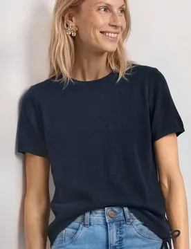 Basic T-Shirt im Strick-Look mit Rundhals female Blau - Street One - FashionsVida