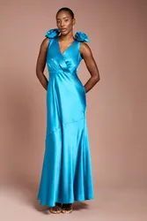 Statement Corsage Satin Maxi Dress - Teal - Size: 16
