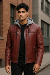 Mens Ox Red Hooded Burgundy Biker Lamb Jacket - Kingston - Size Large