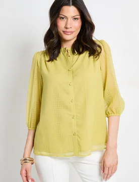 Check Organza Collarless Blouse - Chartreuse - Size: 18 - Wallis - FashionsVida