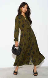 Floral Print Long Sleeve Midaxi Shirt Dress - Khaki - Size: 12