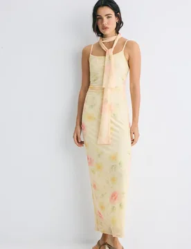 Bedrucktes Midikleid aus Tüll mit Halstuch Goldfarben S - Stradivarius - FashionsVida