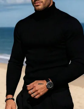Camiseta de punto de cuello alto casual de manga larga de unicolor para hombre - Shein - FashionsVida