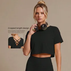 Top corto de entrenamiento para mujer de verano con espalda abierta cruzada, manga corta, corte holgado, camiseta de fitness tipo cover up para yoga,