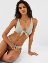 Geometric Tie Front Plunge Bikini Top Khaki female