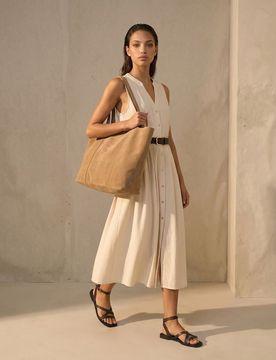 Abito midi stile camicia senza maniche con cintura - nude