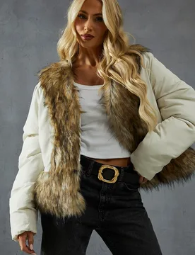 Womens Faux Fur Trim Puffer Coat - Cream - Size 10 Uk - misspap - FashionsVida
