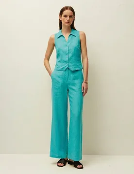 Pantalón ancho de mujer en lino con cierre de cremallera y botón - System Action - FashionsVida
