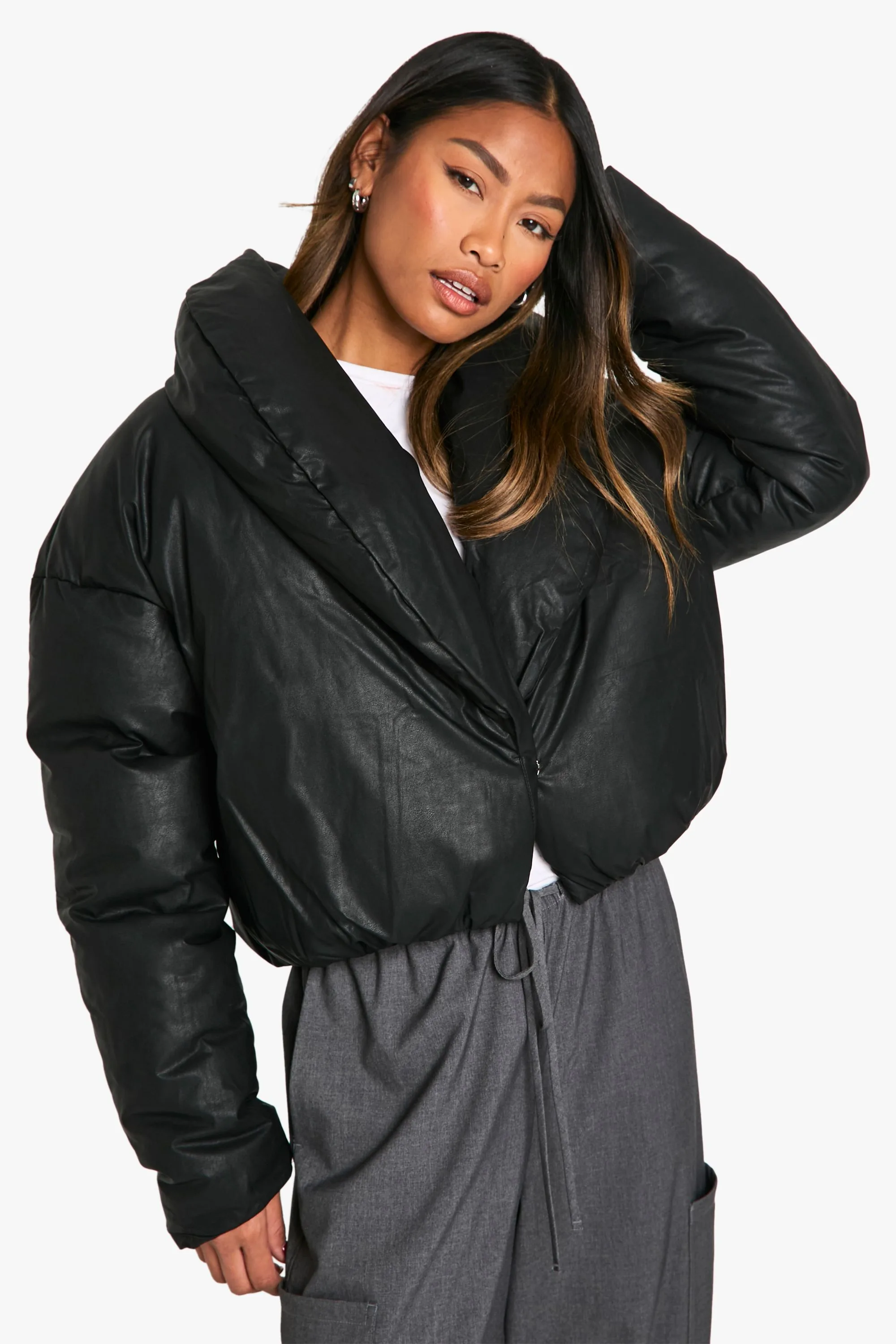 Womens Coated Short Puffer Jacket - Black - Size 16 Uk - Boohoo - FashionsVida