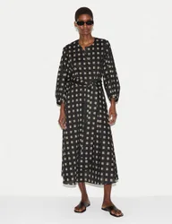 Pure Cotton Checked Midi Waisted Dress Black Mix female