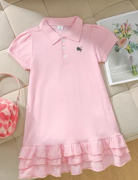 Pieza Vestido corto de manga corta con cuello y diseño de volante en el bajo para niñas jóvenes en color rosa, 1 pieza Vestido de manga corta con c - Shein - FashionsVida