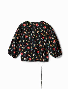 Blouse croisée fleurs, Coton, Noir, XS
