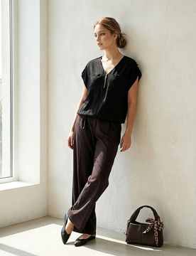 Blusa in viscosa con scollo a V e zip - nero