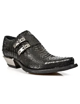 Mens Embossed Python Black Leather Buckled Shoes-7934-S2 - Size Eu 44 - New Rock - FashionsVida