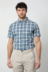 Men's Blue Madras Check Short Sleeve Shirt Size: Small - Blue - Size: S