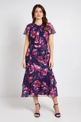Floral Burn Out Twist Midi Dress - Navy - Size: 18