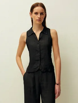 Chaleco de mujer en lino con cuello camisero y pinzas en el pecho - System Action - FashionsVida
