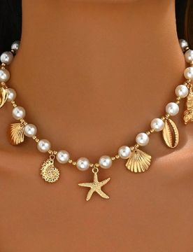 Pieza Collar con colgante de perlas falsas con estilo oceánico, collar de mujer de moda adecuado para uso diario, vacaciones en la playa y sesión de